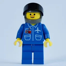 Pilot, Blue Jacket with Plane Logo and ID Badge, Dark Gray Helmet with Visor