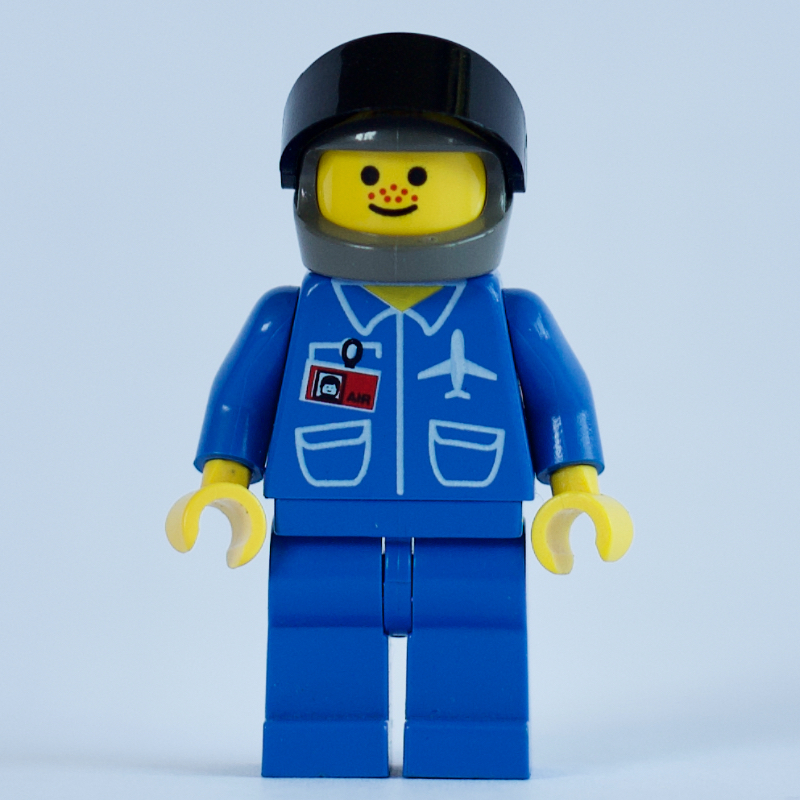 Lego Pilot, Blue Jacket with Plane Logo and ID Badge, Dark Gray Helmet with Visor