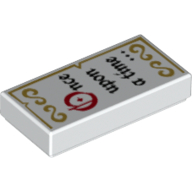 Lego Tile 1 x 2 with 'Once upon a time...' and Gold Scrollwork Print / White
