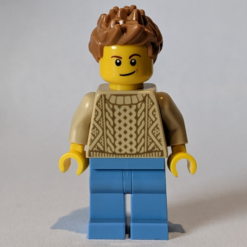 Lego Man, Tan Sweater, Medium Blue, Medium Nougat Hair