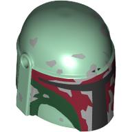 Lego Helmet Mandalorian with Holes, Black Visor, Dark Red and Dark Green Markings, Worn Out Print (Boba Fett) / Sand Green