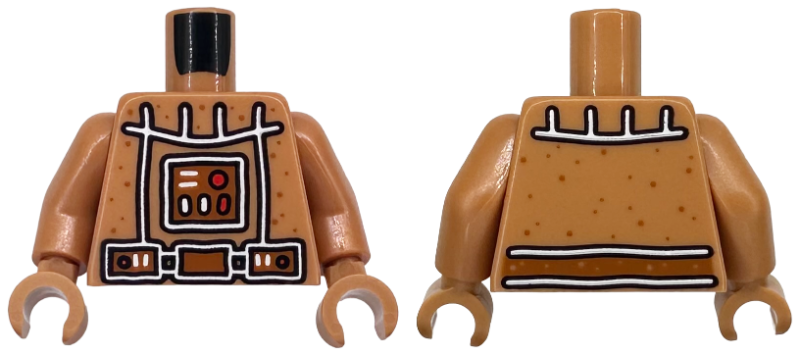 Lego Torso Armor Gingerbread with Dark Orange Dots, White Icing, Black Outline, Reddish Brown Belt and Control Panel with Red Buttons and Lights Pattern / Medium Nougat Arms / Medium Nougat Hands