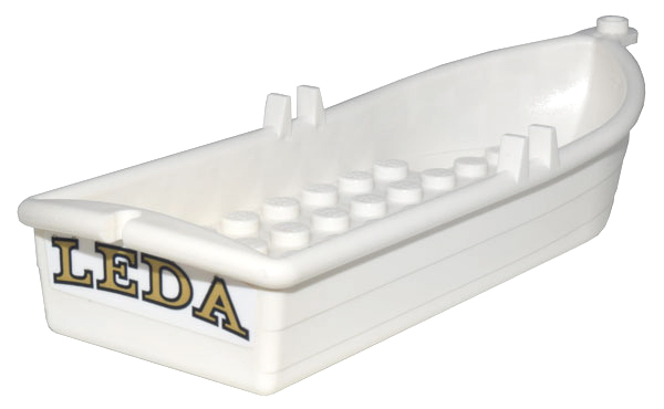 Lego Boat, 14 x 5 x 2 with Oarlocks without Hollow Inside Studs with Tan and Black 'LEDA' Pattern (Sticker) - Set 21335