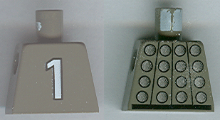 Lego Torso Studded Armor with Silver Circles, Black Belt, White Number 1 on Back Pattern / Dark Gray