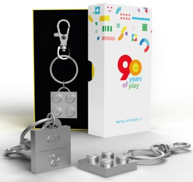 Lego 2 x 2 Plate - Silver Metal Key Chain, 90 years of play