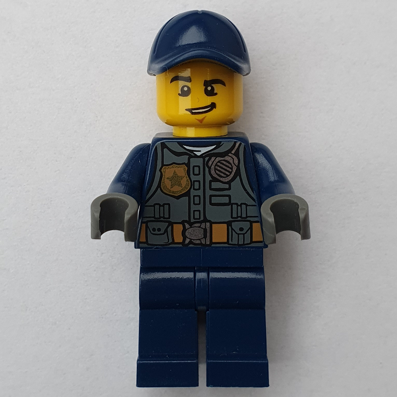 Lego Policeman, Dark Bluish Gray Vest with Radio, Badge and Pouches over Dark Blue Shirt, Dark Blue Cap