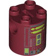 Lego Brick Round 2 x 2 x 2 Robot Body, Axle Holder '+' Orientation with Lime and Gray Astromech Droid Print (R7-A7) / Dark Red