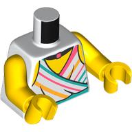 Lego Torso, White Top, Dark Turquoise, Coral, Bright Light Orange Stripes, Black Necklaces print, Yellow Arms and Hands / White