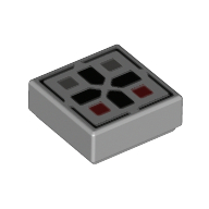 Lego Tile 1 x 1 with Black Cross, Dark Bluish Grey/Dark Red Button print / Light Bluish Gray