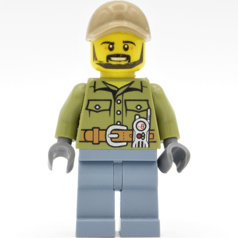 Lego Volcano Explorer, Man, Olive Green Shirt, Sand Blue Legs, Dark Tan Cap, Beard