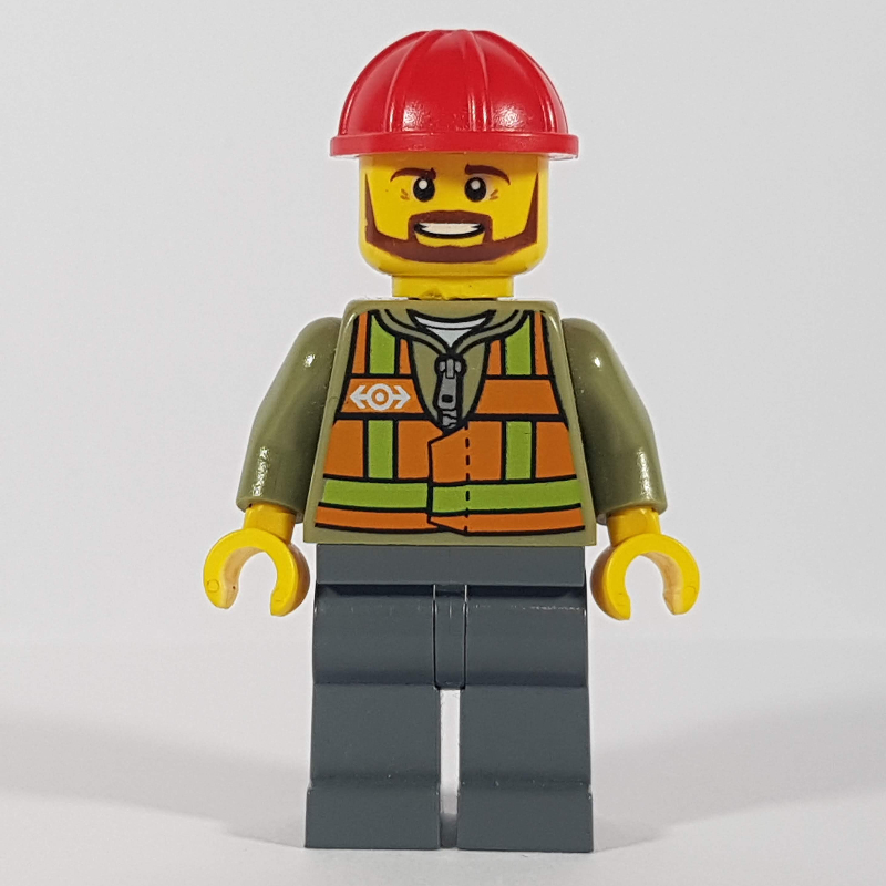 Lego Train Worker, Orange Safety Vest with Train Logo over Olive Green Hoodie, Dark Bluish Gray Legs, Red Hard Hat, Brown Beard