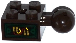 Lego Technic, Brick Modified 2 x 2 with Ball Joint and Axle Hole with 6 Holes in Ball with Open Hatch with Red and Yellow Wires Pattern (Sticker) - Set 70735