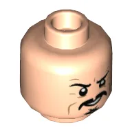 Minifig Head Whiplash, Black Moustache and Goatee, Wrinkles, Angry / Mean Smile Print / Light Nougat