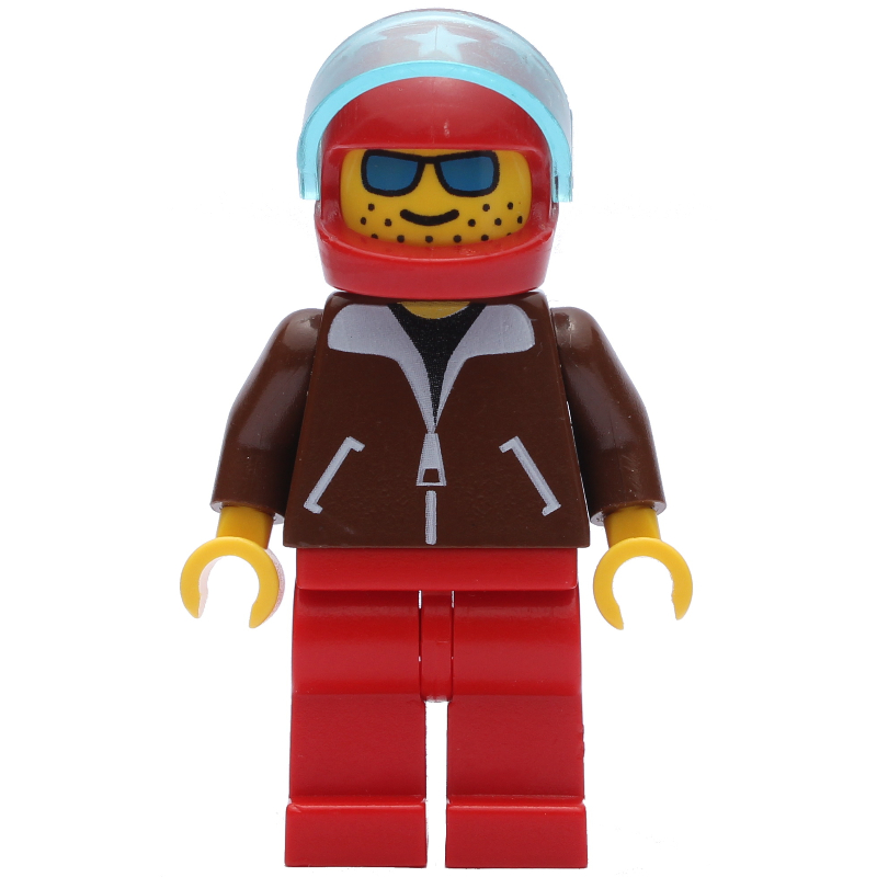 Lego Pilot, Brown Jacket, Red Legs, Red Helmet with Stars and Visor, Blue Sunglasses