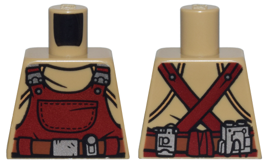 Lego Torso Dark Red Overalls, Silver Buckles and Pouches, Reddish Brown Utility Belt Pattern