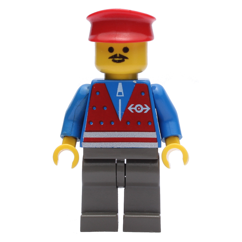 Lego Train Worker - Blue Torso, Dark Gray Legs, Red Hat