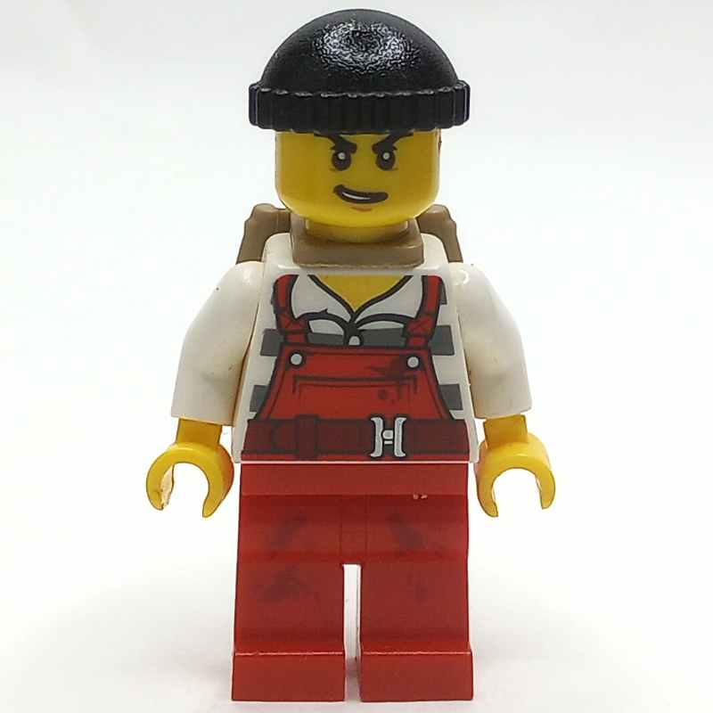 Lego Criminal Joe Frankfurter, Red Overalls over Prison Shirt, Black Hat, Dark Tan Backpack