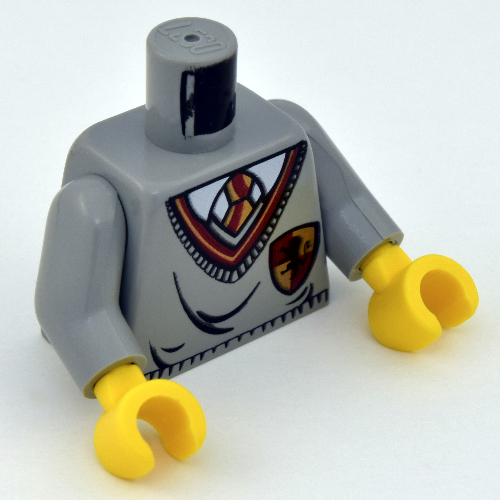 Lego Torso Hogwarts Uniform Sweater with Gryffindor Crest Print, Light Gray Arms, Yellow Hands / Light Gray