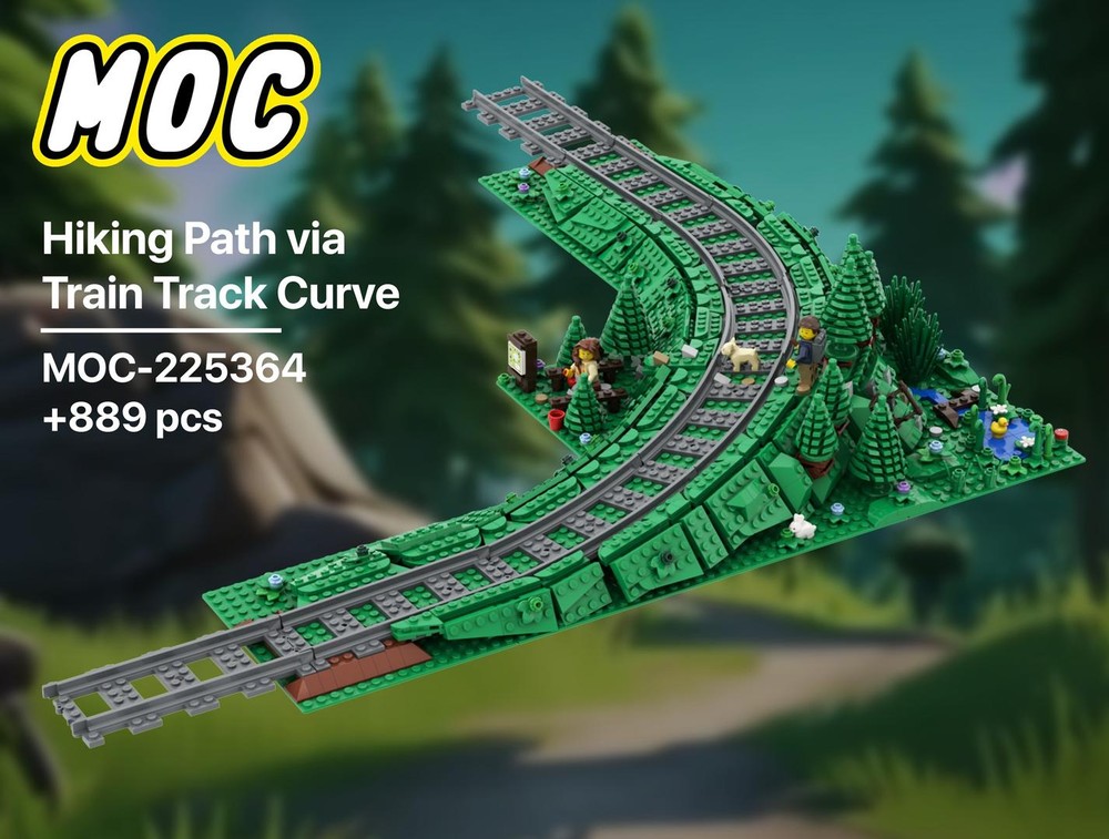 Lego Hiking Path via Train Track Curve | Banked Train Track | Hikers | Forest