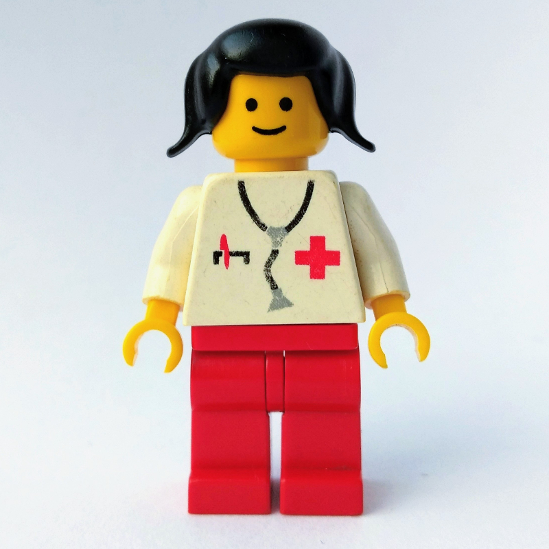 Lego Doctor, Woman, White Torso with Stethoscope and Red Cross, Red Legs, Black Hair (3626a Head)