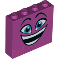 Lego Brick 1 x 4 x 3 with Happy Face, Open Mouth with Teeth, Blue Eyes print / Magenta