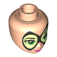 Lego Minidoll Head with Thin Pointed Mask with Yellowish Green Lenses, Bright Green Eyes and Lips Print (Batgirl) / Light Nougat