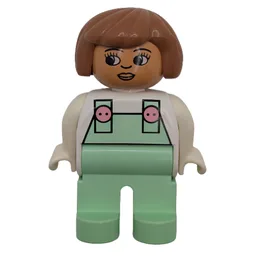 Duplo Figure, Early, Hair Bob Fabuland Brown, Light Green Legs, Light Green Overalls with Pink Buttons Print / White