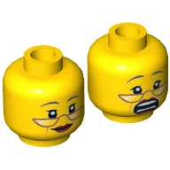 Minifig Head Ma Cop, Copper Glasses, Gray Eyebrows, Red Lipstick, Cheek Lines, Smiling / Scared Print / Yellow