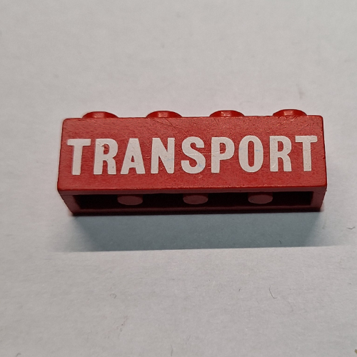 Lego Brick 1 x 4 with White 'TRANSPORT' Solid Print / Red