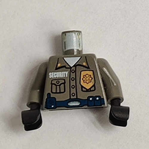 Lego Torso Shirt with 'Security', Gold Badge, Blue Belt with Radio Print, Dark Gray Arms, Black Hands / Dark Gray
