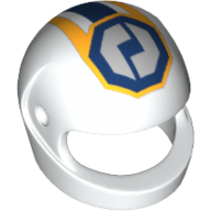 Lego Helmet, Standard with GEAR Racing Team Logo in Dark Blue Octagon, and Layered Yellow, White, and Dark Blue Stripes Print / White