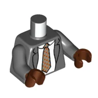 Torso, Jacket, White Shirt, Dark Tan Tie with Red/Green Dots Print, Dark Bluish Gray Arms, Reddish Brown Hands / Dark Bluish Gray