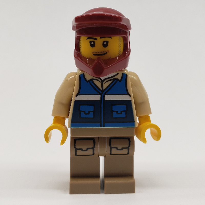 Lego Man, Blue Vest, Dark Red Dirt Bike Helmet, Stubble Beard