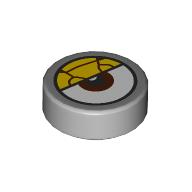Lego Tile Round 1 x 1 with Reddish Brown Eye Center, Yellow Eyelid with Cracks print / Light Bluish Gray