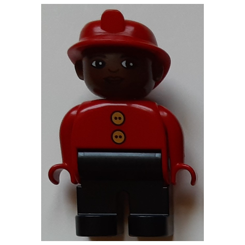 Lego Duplo Figure, Early, Fire Helmet Red, Black Legs, Gold Buttons Print / Red