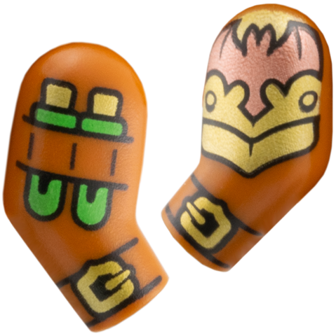 Lego Arm, (Matching Left and Right) Pair with Gold Buckles and Armor with Copper Bat, Bright Green Vials Pattern / Dark Orange