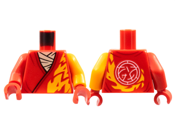 Lego Torso Tunic, White Scarf, Bright Light Orange Flame Trim, Core Logo on Back Pattern / Bright Light Orange Arm Left / Red Arm Right / Red Hands