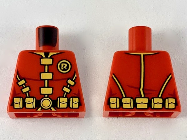 Lego Torso Armor, Bright Light Orange 'R' in Circle, Collar, Clasps and Belt Pouches Pattern