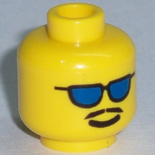 Lego Minifig Head, Blue Sunglasses and Moustache Print [Blocked Open Stud] / Yellow