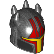 Lego Helmet Mandalorian, Horned with Holes, Red and Yellow Visor, Red Markings print / Pearl Titanium