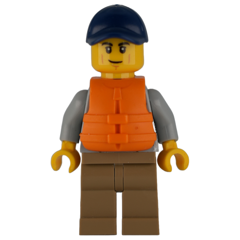 Lego Man, Light Bluish Gray Hoodie over Dark Red Shirt, Dark Tan Legs, Dark Blue Cap, Orange Life Vest