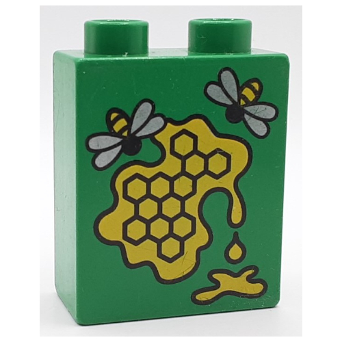 Lego Duplo Brick 1 x 2 x 2 with 2 Bees and Honeycomb Print / Green
