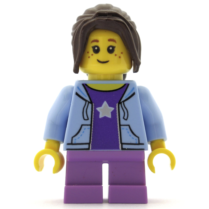 Lego Girl, Open Bright Light Blue Hoodie over Dark Purple Shirt with Star, Short Medium Lavender Legs, Dark Brown Hair