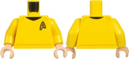 Torso Uniform Vest with Gold Star Trek Starfleet Insignia and Shooting Star Command Logo, Black Neck, Medium Nougat Trim Lines Pattern / Yellow Arms / Medium Tan Hands / Yellow