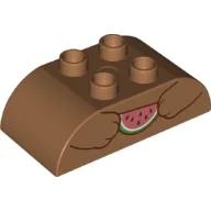 Duplo Brick 2 x 4 Curved Top with Bear Arms Holding Watermelon Slice Print / Medium Nougat