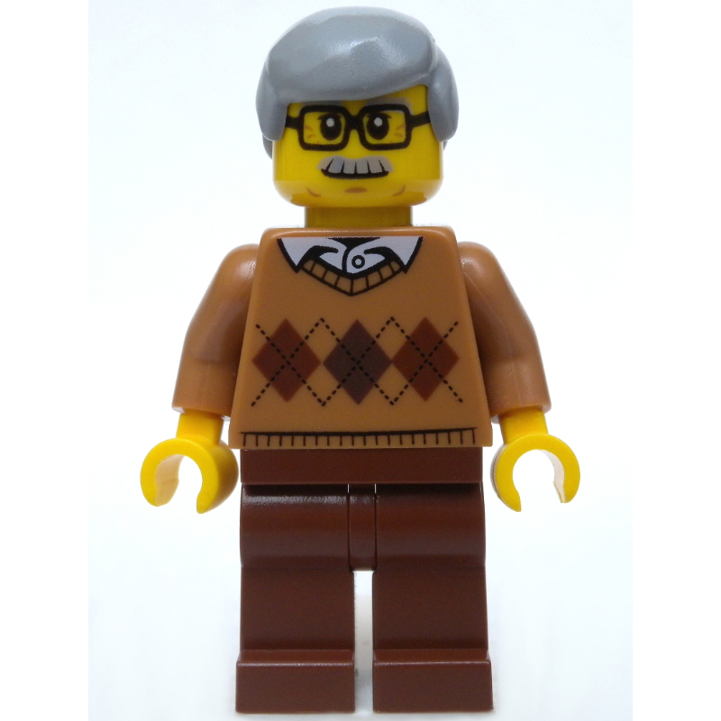 Lego Man, Medium Nougat Argyle Sweater, Reddish Brown Legs, Moustache and Glasses