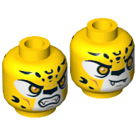 Lego Minifig Head Lundor, Dual Sided, Leopard with Orange Eyes, Fangs and Black Spots, Neutral / Angry Print [Hollow Stud] / Yellow