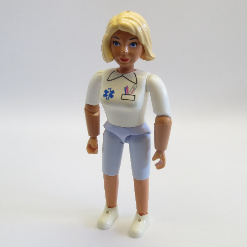 Lego Belville Figure Articulated Elbows, Female, Light Yellow Hair, Light Blue Shorts, White Shirt with EMT Star of Life Print (Medic) / Nougat