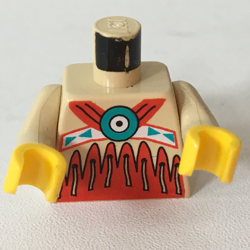 Lego Torso Buckskin Tunic with American Indian Decorations, Red on Bottom and Fringe Print, Tan Arms, Yellow Hands / Tan