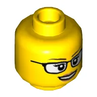 Minifig Head, Eyebrows, Glasses with Thick Edge, Peach Lips Print / Yellow